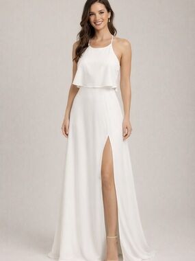 Gianni Bini White Halter Overlay Maxi Dress with Front Slit